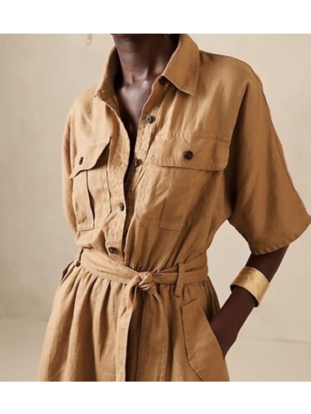 Banana Republic Tan 100% Linen Utility Shirt Dress Short Sleeve Belted L